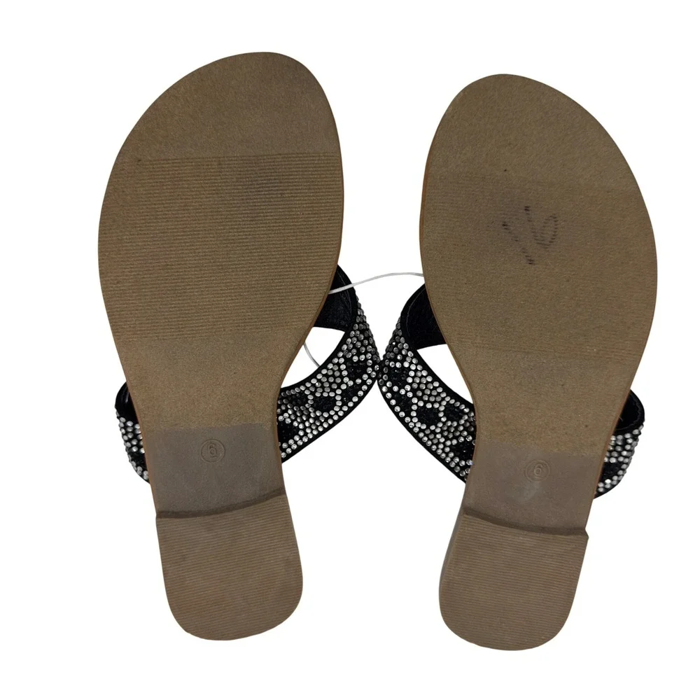 New Yellow Box Womens Black Rhinestone Thong Sandals Flat Flip Flops Size 6 - Picture 6 of 8